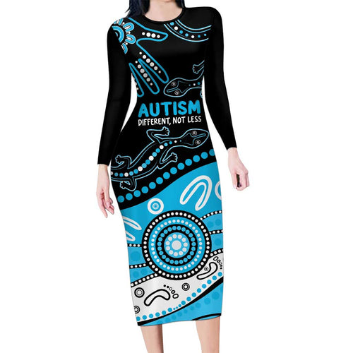Different Not Less Autism Awareness Australia Personalised Long Sleeve Bodycon Dress Aussie Aboriginal Lizards