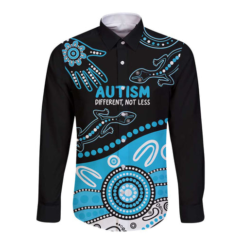Different Not Less Autism Awareness Australia Personalised Long Sleeve Button Shirt Aussie Aboriginal Lizards