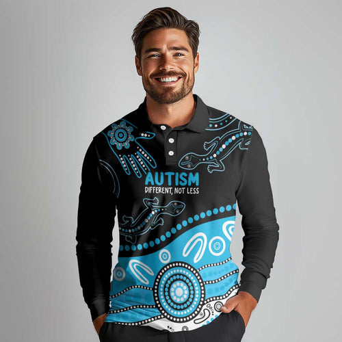 Different Not Less Autism Awareness Australia Personalised Long Sleeve Polo Shirt Aussie Aboriginal Lizards