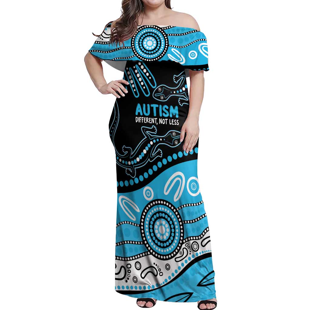 Different Not Less Autism Awareness Australia Personalised Off Shoulder Maxi Dress Aussie Aboriginal Lizards