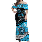 Different Not Less Autism Awareness Australia Personalised Off Shoulder Maxi Dress Aussie Aboriginal Lizards