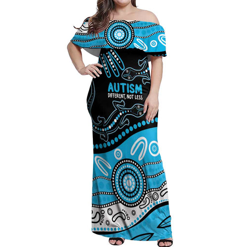 Different Not Less Autism Awareness Australia Personalised Off Shoulder Maxi Dress Aussie Aboriginal Lizards