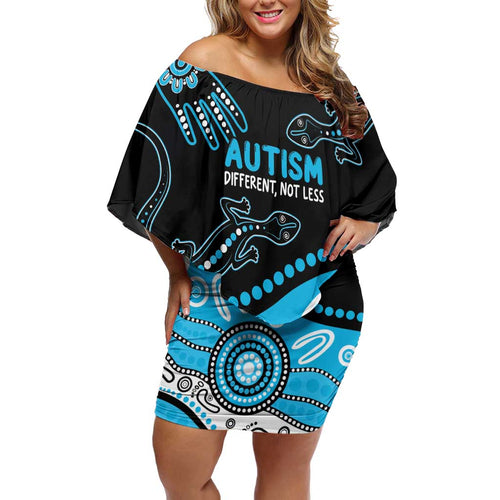 Different Not Less Autism Awareness Australia Personalised Off Shoulder Short Dress Aussie Aboriginal Lizards