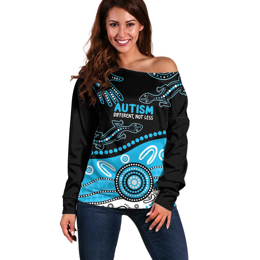 Different Not Less Autism Awareness Australia Personalised Off Shoulder Sweater Aussie Aboriginal Lizards