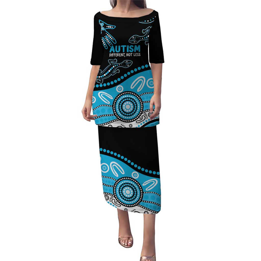 Different Not Less Autism Awareness Australia Personalised Puletasi Aussie Aboriginal Lizards