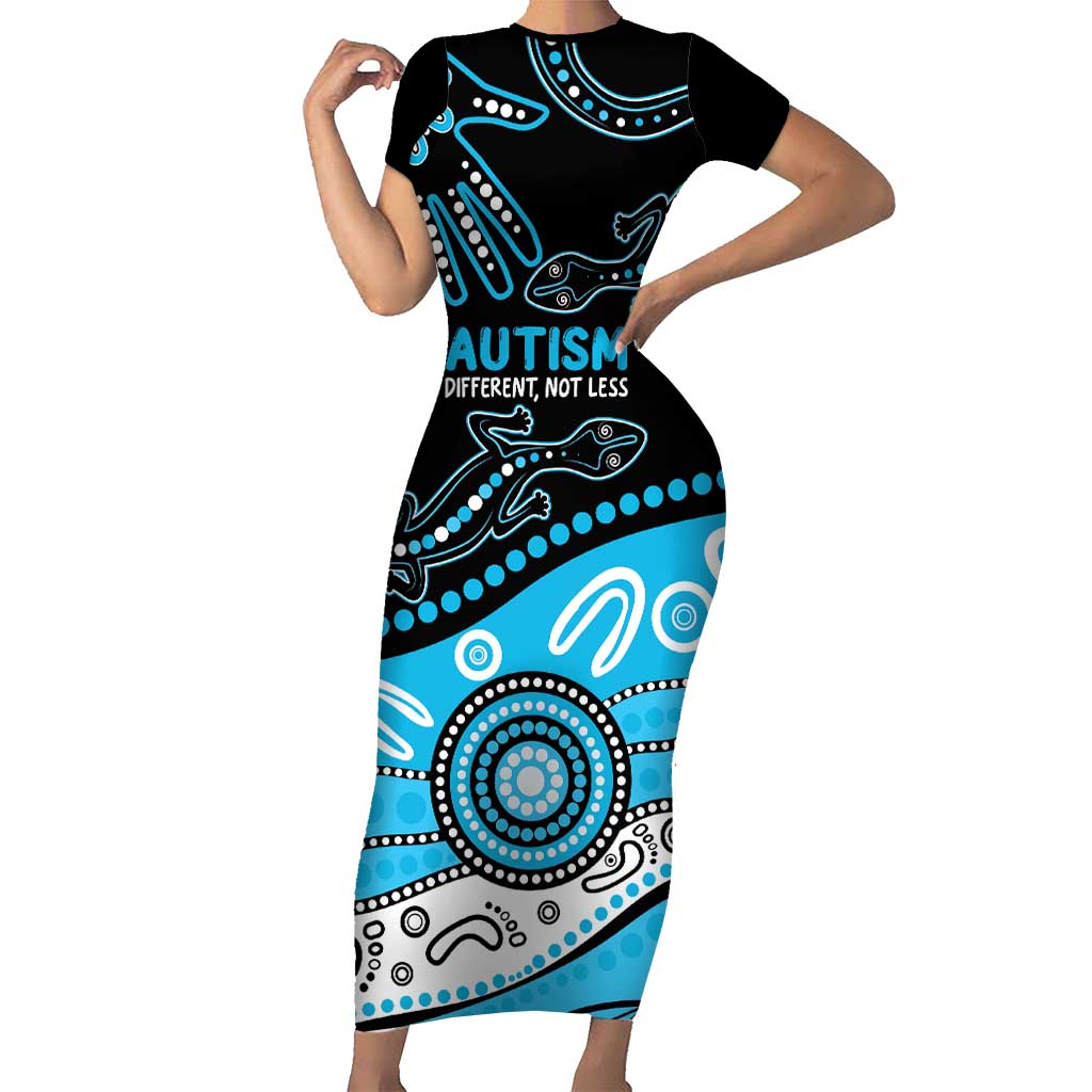 Different Not Less Autism Awareness Australia Personalised Short Sleeve Bodycon Dress Aussie Aboriginal Lizards