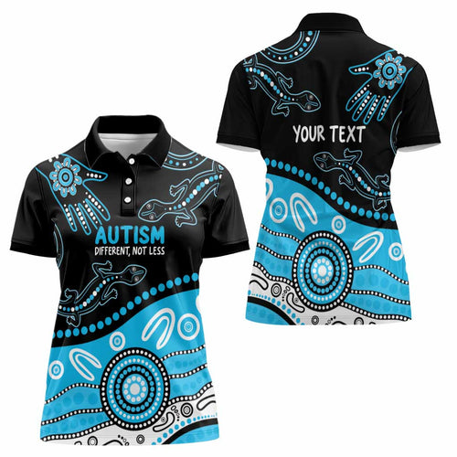 Different Not Less Autism Awareness Australia Personalised Women Polo Shirt Aussie Aboriginal Lizards