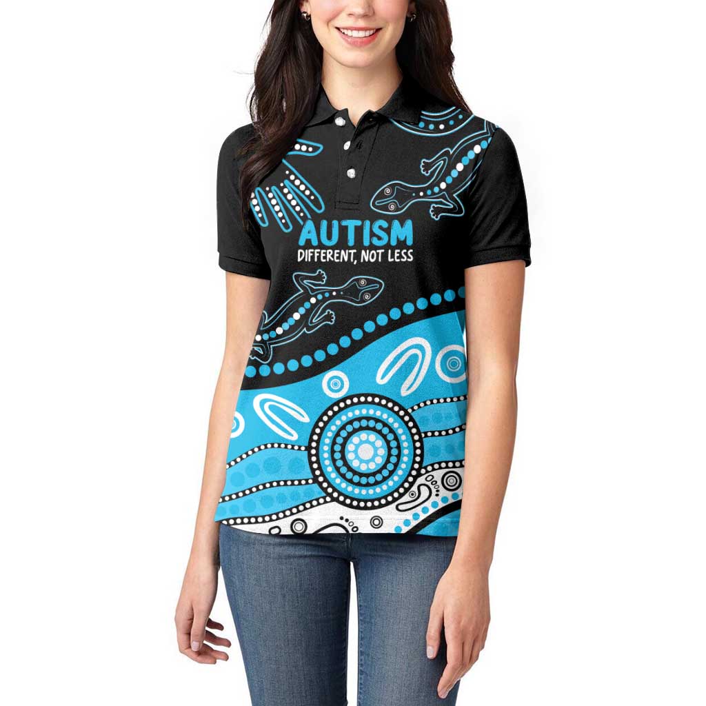 Different Not Less Autism Awareness Australia Personalised Women Polo Shirt Aussie Aboriginal Lizards