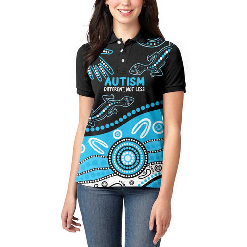 Different Not Less Autism Awareness Australia Personalised Women Polo Shirt Aussie Aboriginal Lizards