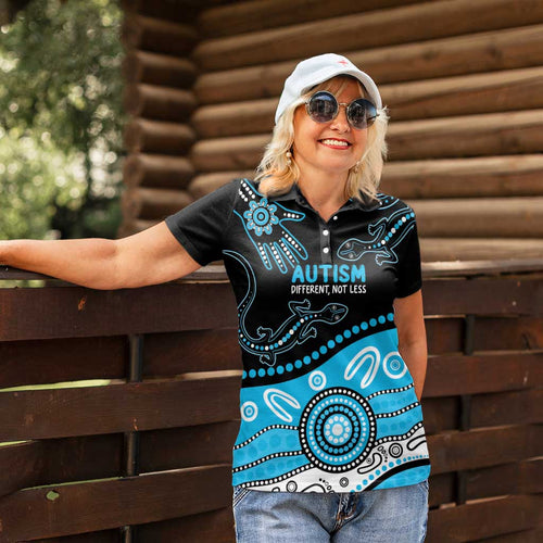 Different Not Less Autism Awareness Australia Personalised Women Polo Shirt Aussie Aboriginal Lizards
