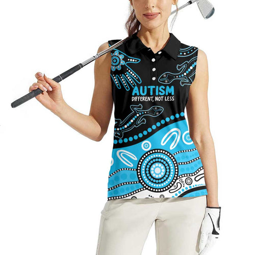 Different Not Less Autism Awareness Australia Personalised Women Sleeveless Polo Shirt Aussie Aboriginal Lizards