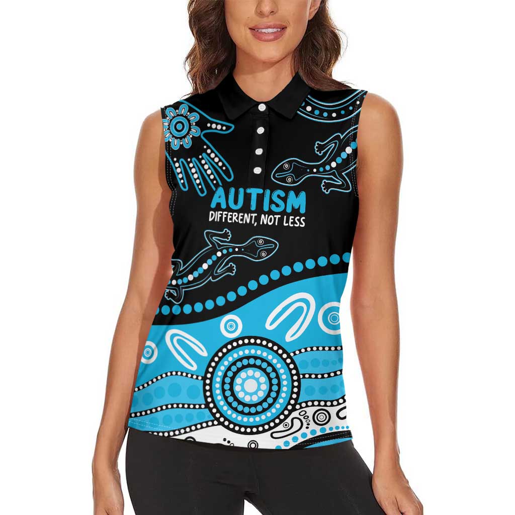Different Not Less Autism Awareness Australia Personalised Women Sleeveless Polo Shirt Aussie Aboriginal Lizards