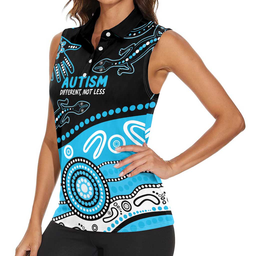 Different Not Less Autism Awareness Australia Personalised Women Sleeveless Polo Shirt Aussie Aboriginal Lizards