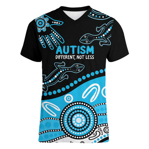 Different Not Less Autism Awareness Australia Personalised Women V-Neck T-Shirt Aussie Aboriginal Lizards