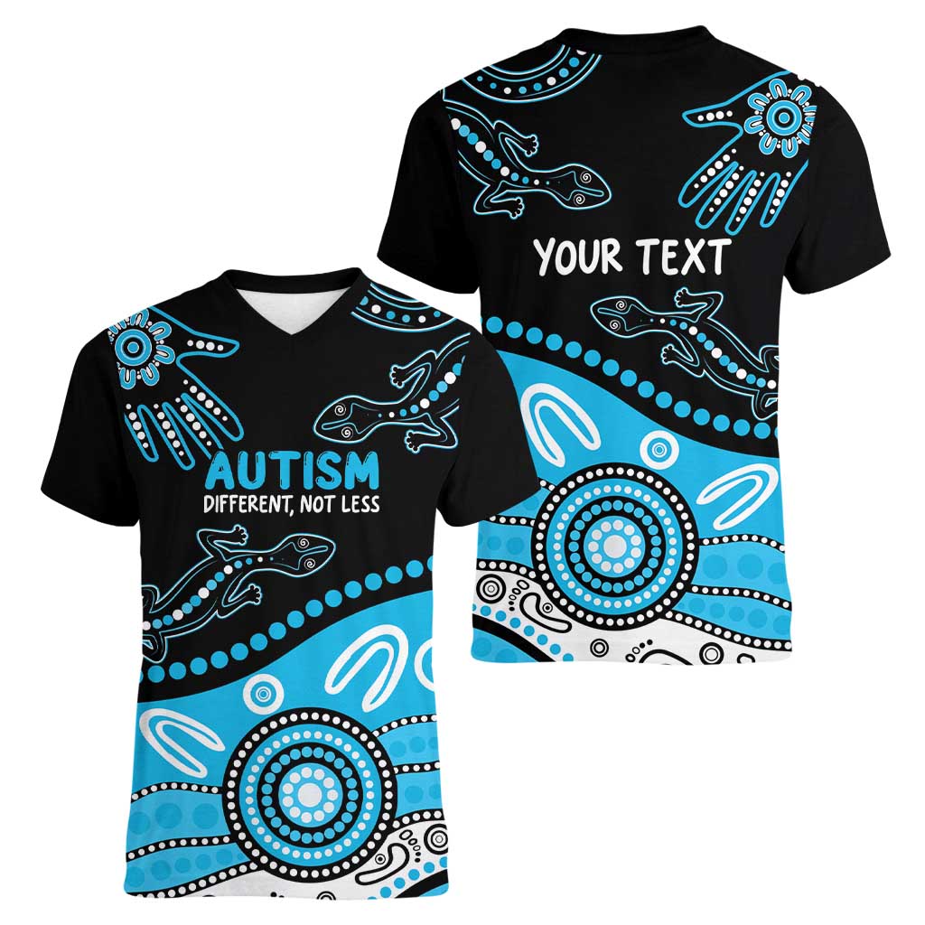 Different Not Less Autism Awareness Australia Personalised Women V-Neck T-Shirt Aussie Aboriginal Lizards