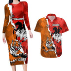 Personalised Dragons And Tigers Rugby Couples Matching Long Sleeve Bodycon Dress and Hawaiian Shirt Sporty Style