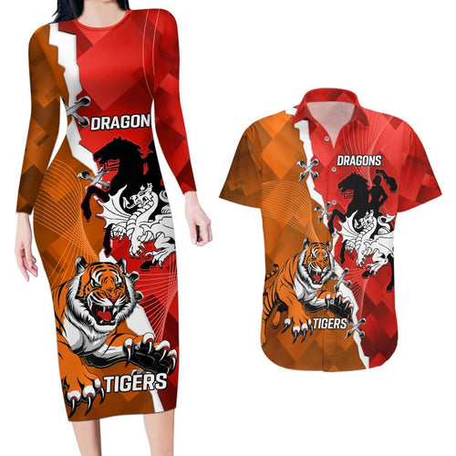 Personalised Dragons And Tigers Rugby Couples Matching Long Sleeve Bodycon Dress and Hawaiian Shirt Sporty Style