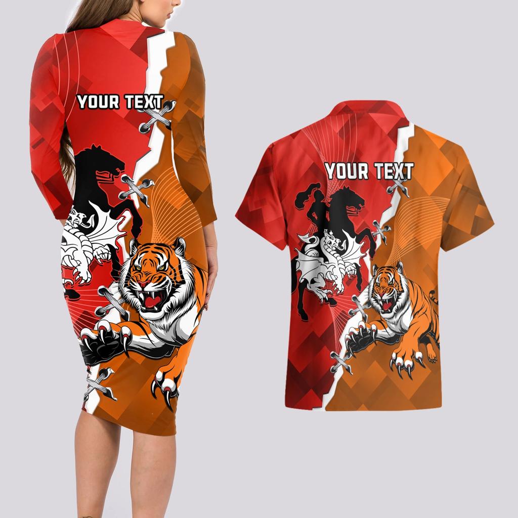 Personalised Dragons And Tigers Rugby Couples Matching Long Sleeve Bodycon Dress and Hawaiian Shirt Sporty Style