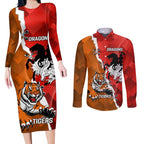 Personalised Dragons And Tigers Rugby Couples Matching Long Sleeve Bodycon Dress and Long Sleeve Button Shirt Sporty Style