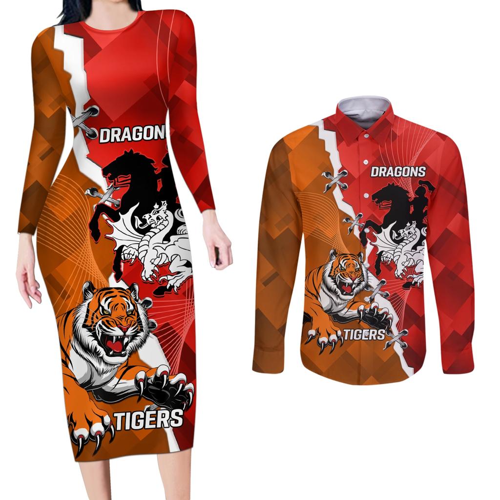 Personalised Dragons And Tigers Rugby Couples Matching Long Sleeve Bodycon Dress and Long Sleeve Button Shirt Sporty Style