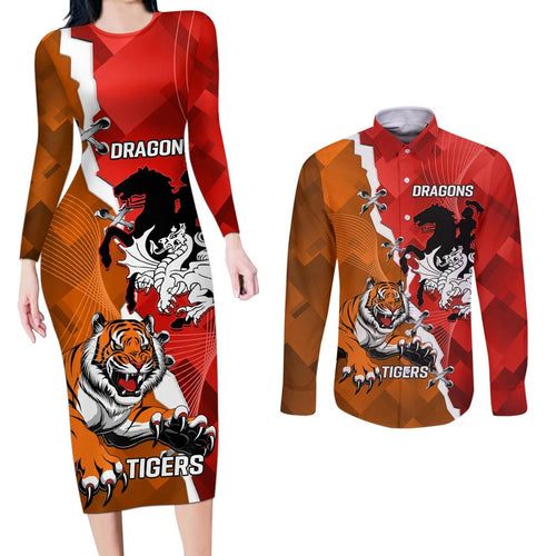 Personalised Dragons And Tigers Rugby Couples Matching Long Sleeve Bodycon Dress and Long Sleeve Button Shirt Sporty Style