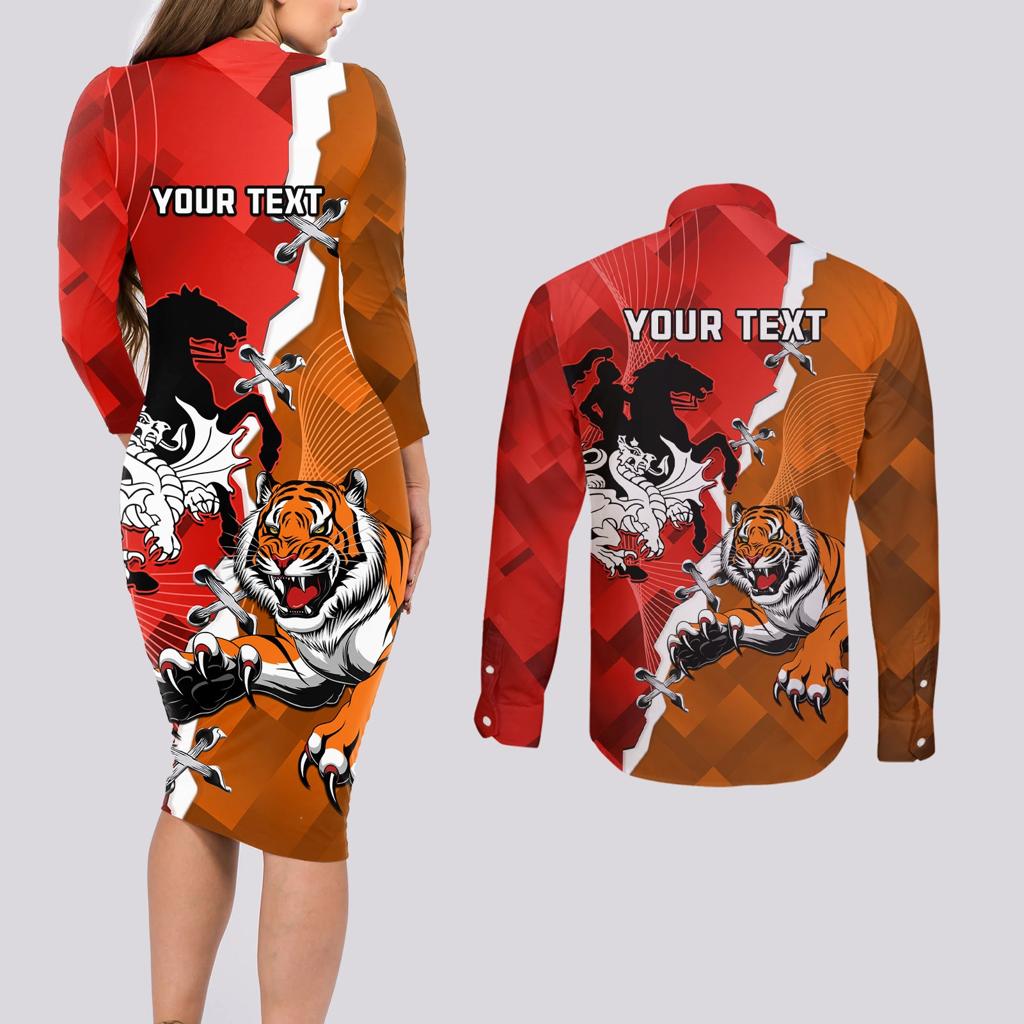 Personalised Dragons And Tigers Rugby Couples Matching Long Sleeve Bodycon Dress and Long Sleeve Button Shirt Sporty Style