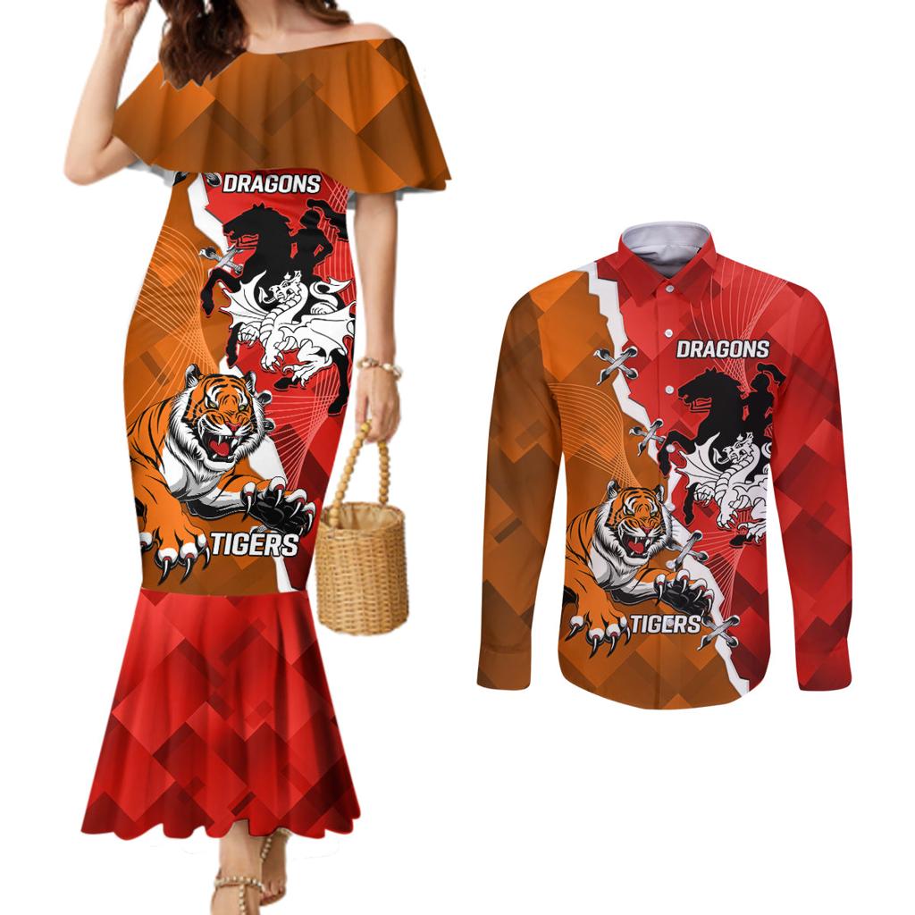 Personalised Dragons And Tigers Rugby Couples Matching Mermaid Dress and Long Sleeve Button Shirt Sporty Style