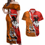 Personalised Dragons And Tigers Rugby Couples Matching Off Shoulder Maxi Dress and Hawaiian Shirt Sporty Style