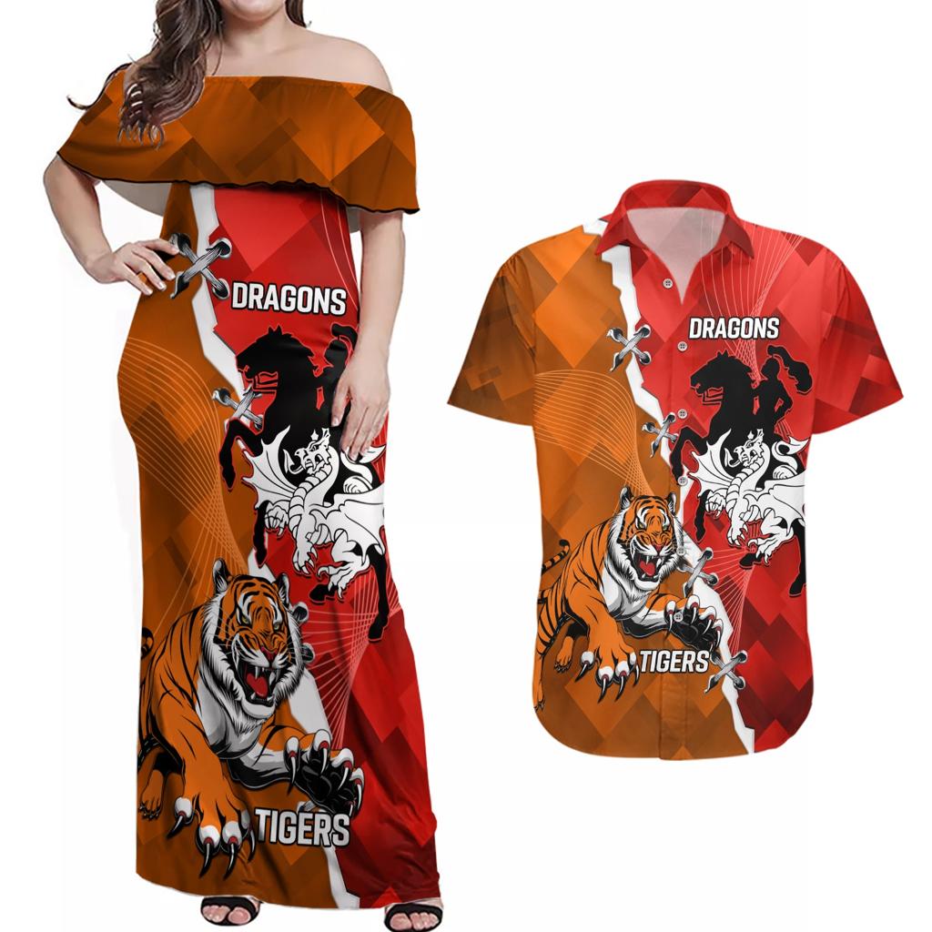 Personalised Dragons And Tigers Rugby Couples Matching Off Shoulder Maxi Dress and Hawaiian Shirt Sporty Style