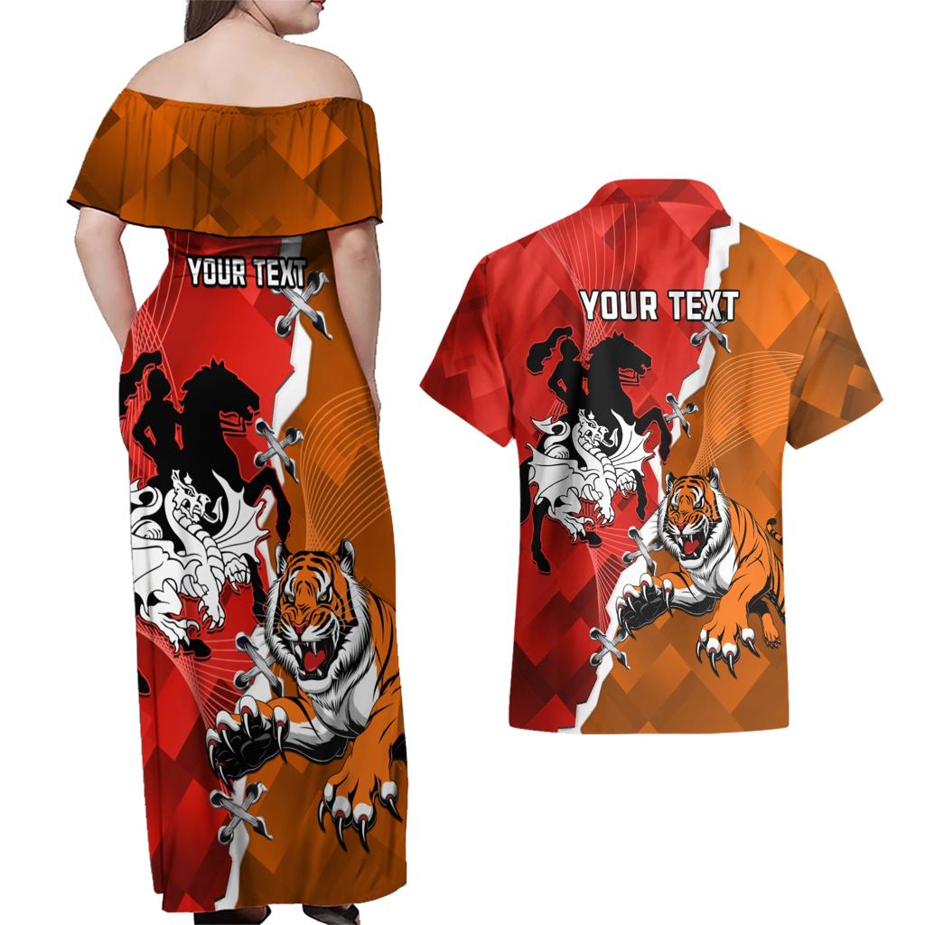 Personalised Dragons And Tigers Rugby Couples Matching Off Shoulder Maxi Dress and Hawaiian Shirt Sporty Style