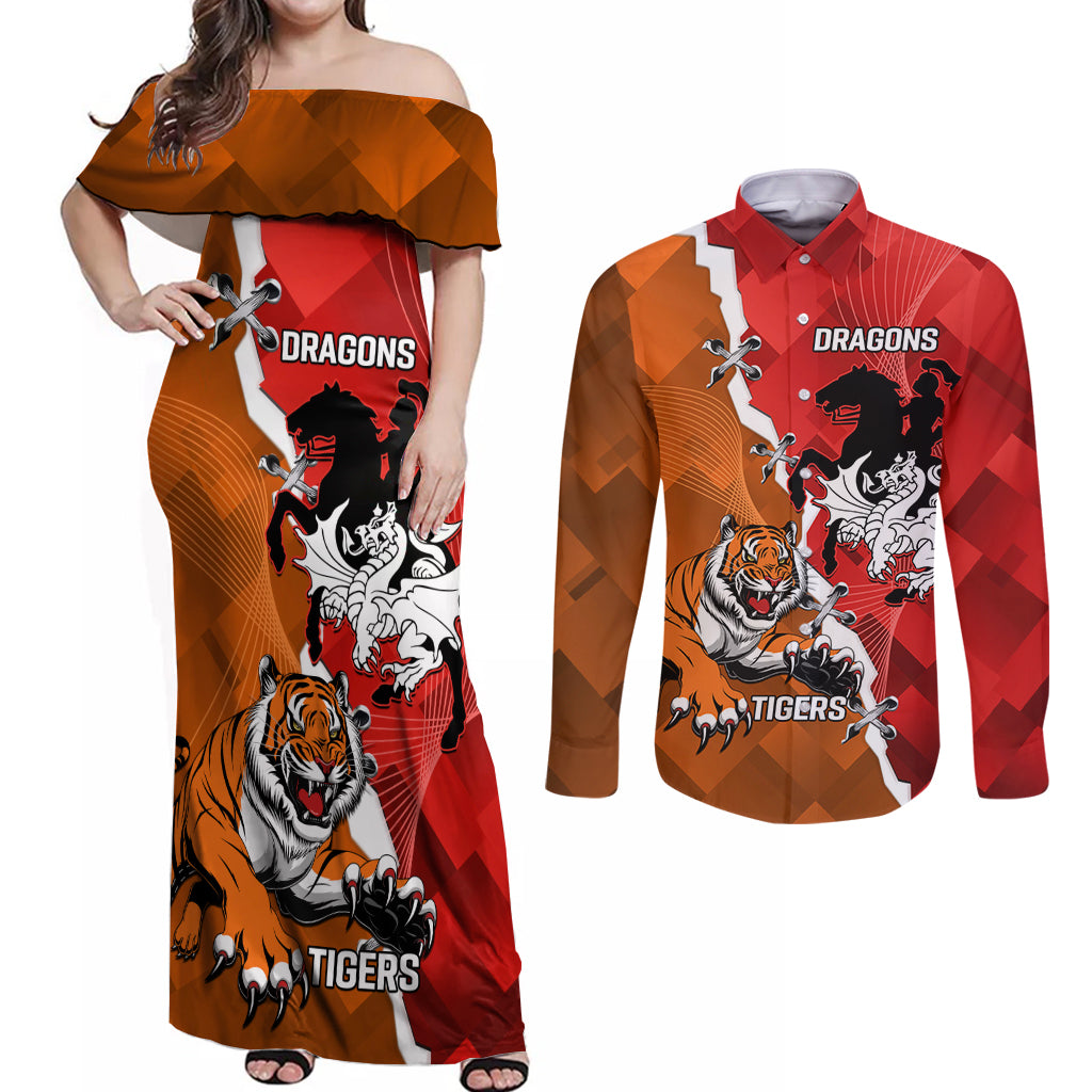 Personalised Dragons And Tigers Rugby Couples Matching Off Shoulder Maxi Dress and Long Sleeve Button Shirt Sporty Style