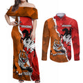 Personalised Dragons And Tigers Rugby Couples Matching Off Shoulder Maxi Dress and Long Sleeve Button Shirt Sporty Style