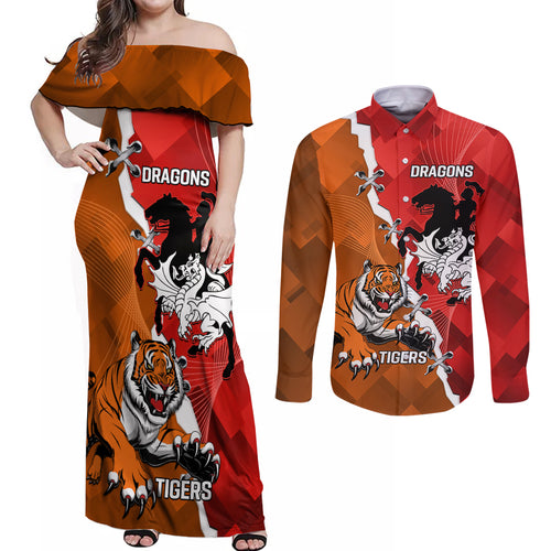 Personalised Dragons And Tigers Rugby Couples Matching Off Shoulder Maxi Dress and Long Sleeve Button Shirt Sporty Style