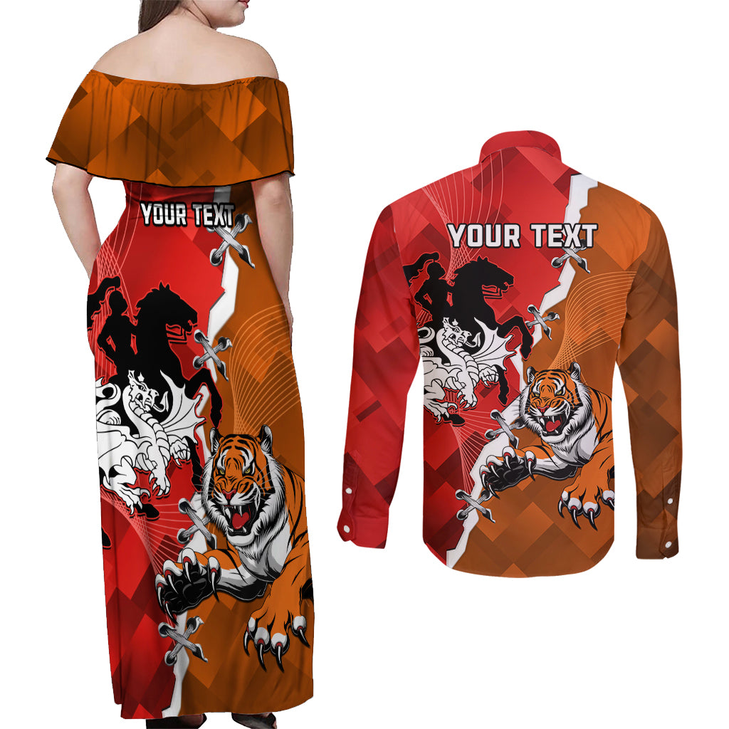 Personalised Dragons And Tigers Rugby Couples Matching Off Shoulder Maxi Dress and Long Sleeve Button Shirt Sporty Style