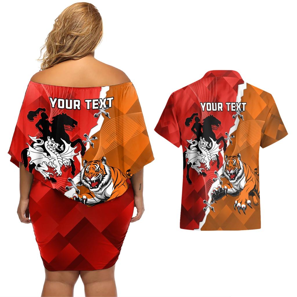 Personalised Dragons And Tigers Rugby Couples Matching Off Shoulder Short Dress and Hawaiian Shirt Sporty Style