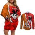 Personalised Dragons And Tigers Rugby Couples Matching Off Shoulder Short Dress and Long Sleeve Button Shirt Sporty Style