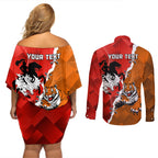 Personalised Dragons And Tigers Rugby Couples Matching Off Shoulder Short Dress and Long Sleeve Button Shirt Sporty Style