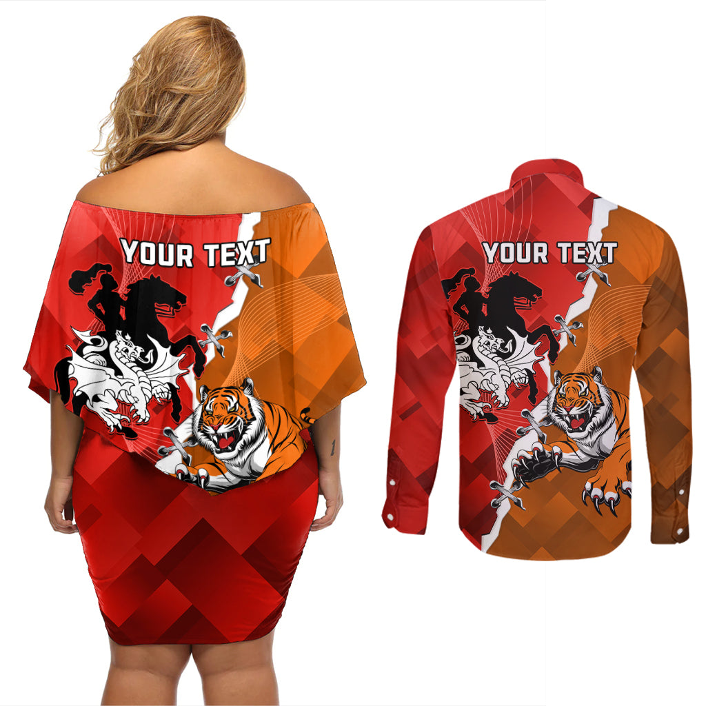 Personalised Dragons And Tigers Rugby Couples Matching Off Shoulder Short Dress and Long Sleeve Button Shirt Sporty Style