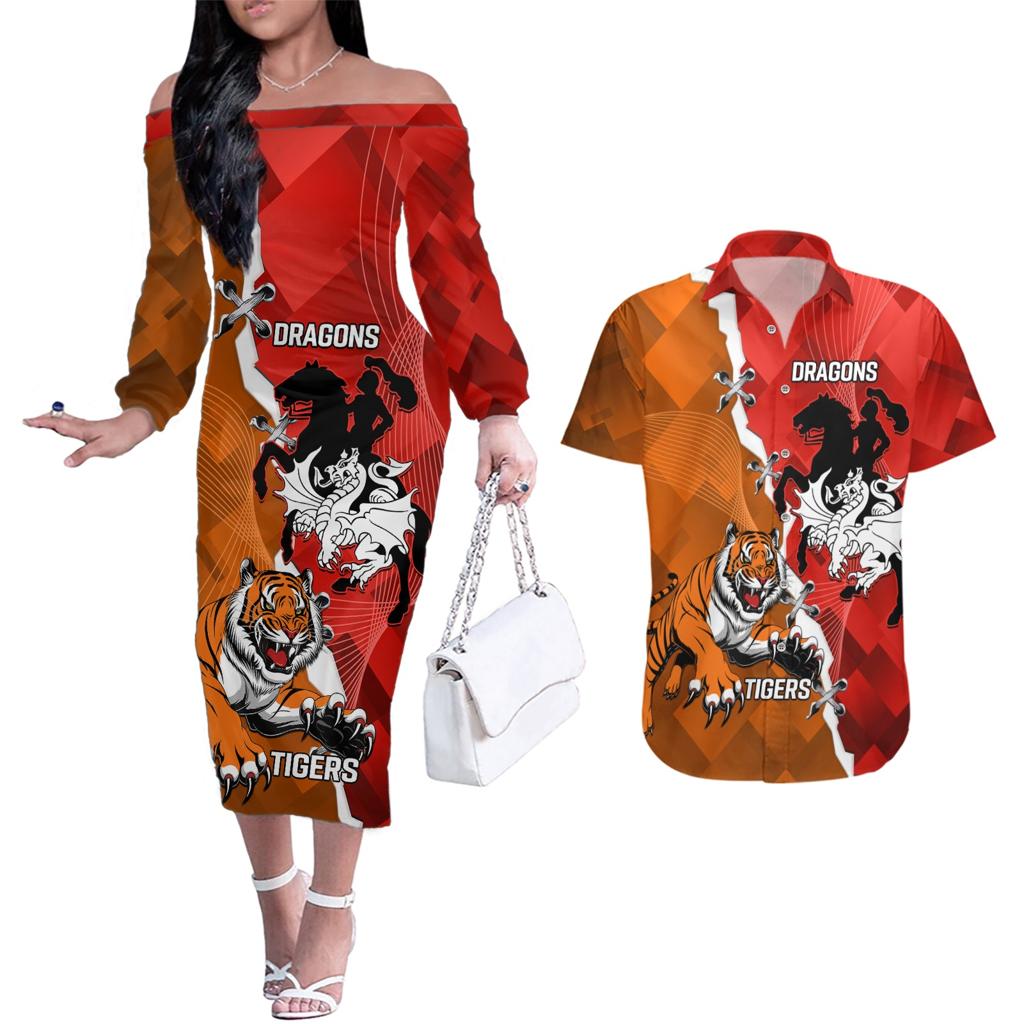 Personalised Dragons And Tigers Rugby Couples Matching Off The Shoulder Long Sleeve Dress and Hawaiian Shirt Sporty Style
