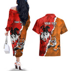 Personalised Dragons And Tigers Rugby Couples Matching Off The Shoulder Long Sleeve Dress and Hawaiian Shirt Sporty Style