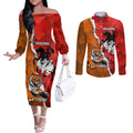 Personalised Dragons And Tigers Rugby Couples Matching Off The Shoulder Long Sleeve Dress and Long Sleeve Button Shirt Sporty Style