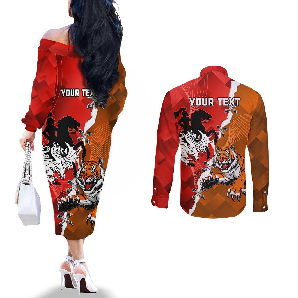 Personalised Dragons And Tigers Rugby Couples Matching Off The Shoulder Long Sleeve Dress and Long Sleeve Button Shirt Sporty Style
