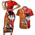 Personalised Dragons And Tigers Rugby Couples Matching Short Sleeve Bodycon Dress and Hawaiian Shirt Sporty Style