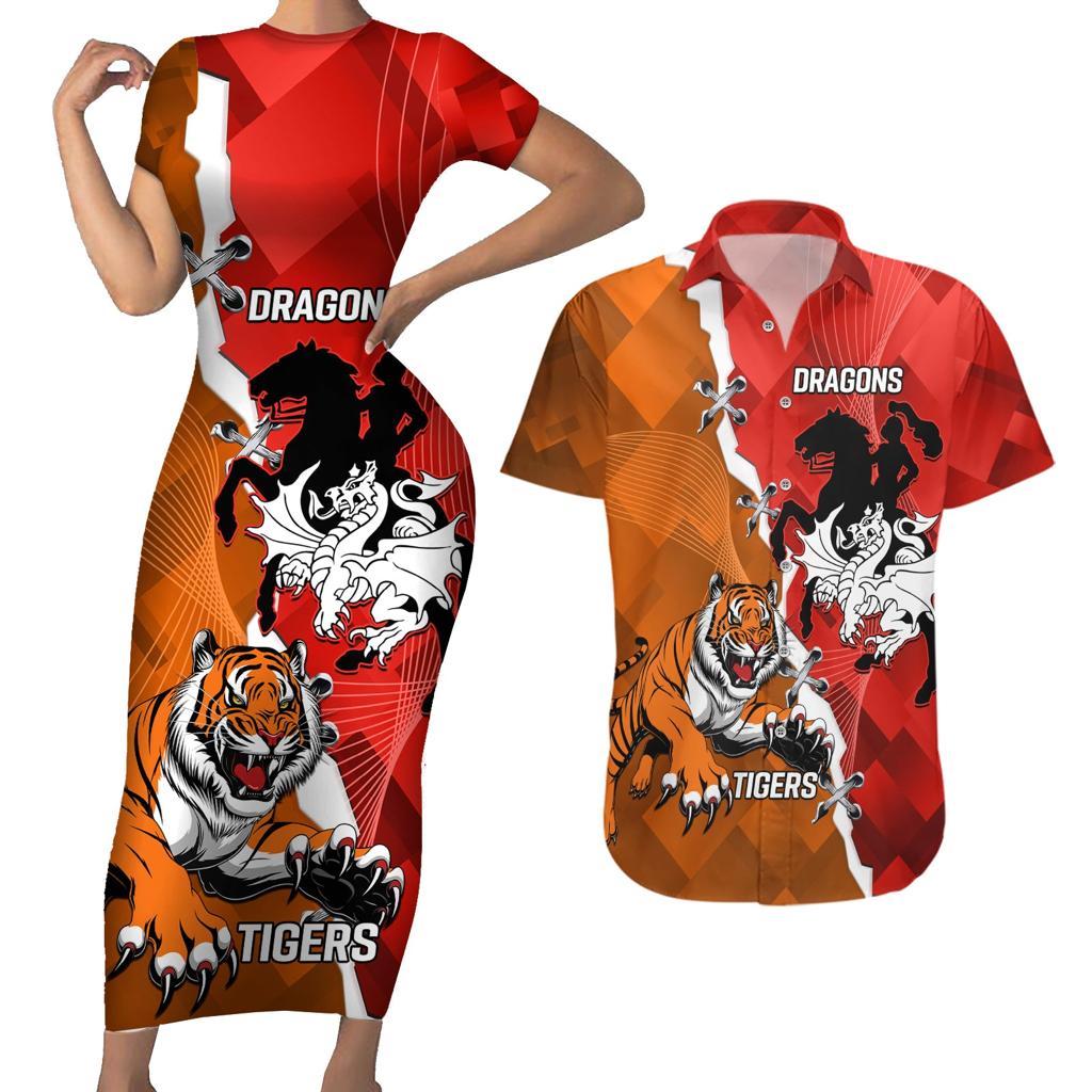 Personalised Dragons And Tigers Rugby Couples Matching Short Sleeve Bodycon Dress and Hawaiian Shirt Sporty Style