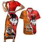 Personalised Dragons And Tigers Rugby Couples Matching Short Sleeve Bodycon Dress and Hawaiian Shirt Sporty Style