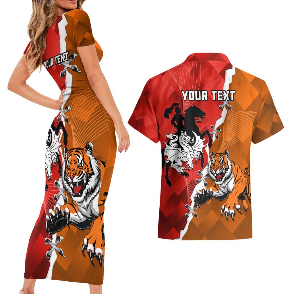 Personalised Dragons And Tigers Rugby Couples Matching Short Sleeve Bodycon Dress and Hawaiian Shirt Sporty Style