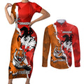 Personalised Dragons And Tigers Rugby Couples Matching Short Sleeve Bodycon Dress and Long Sleeve Button Shirt Sporty Style