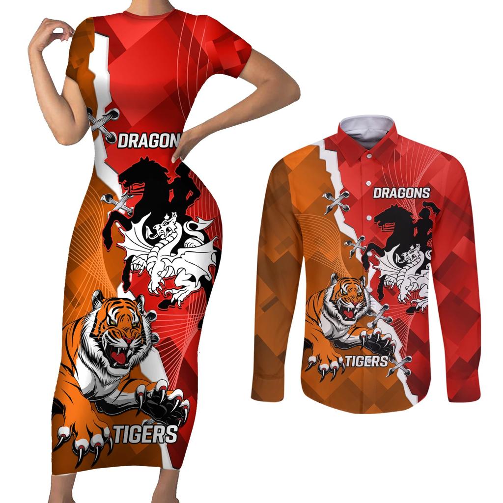 Personalised Dragons And Tigers Rugby Couples Matching Short Sleeve Bodycon Dress and Long Sleeve Button Shirt Sporty Style