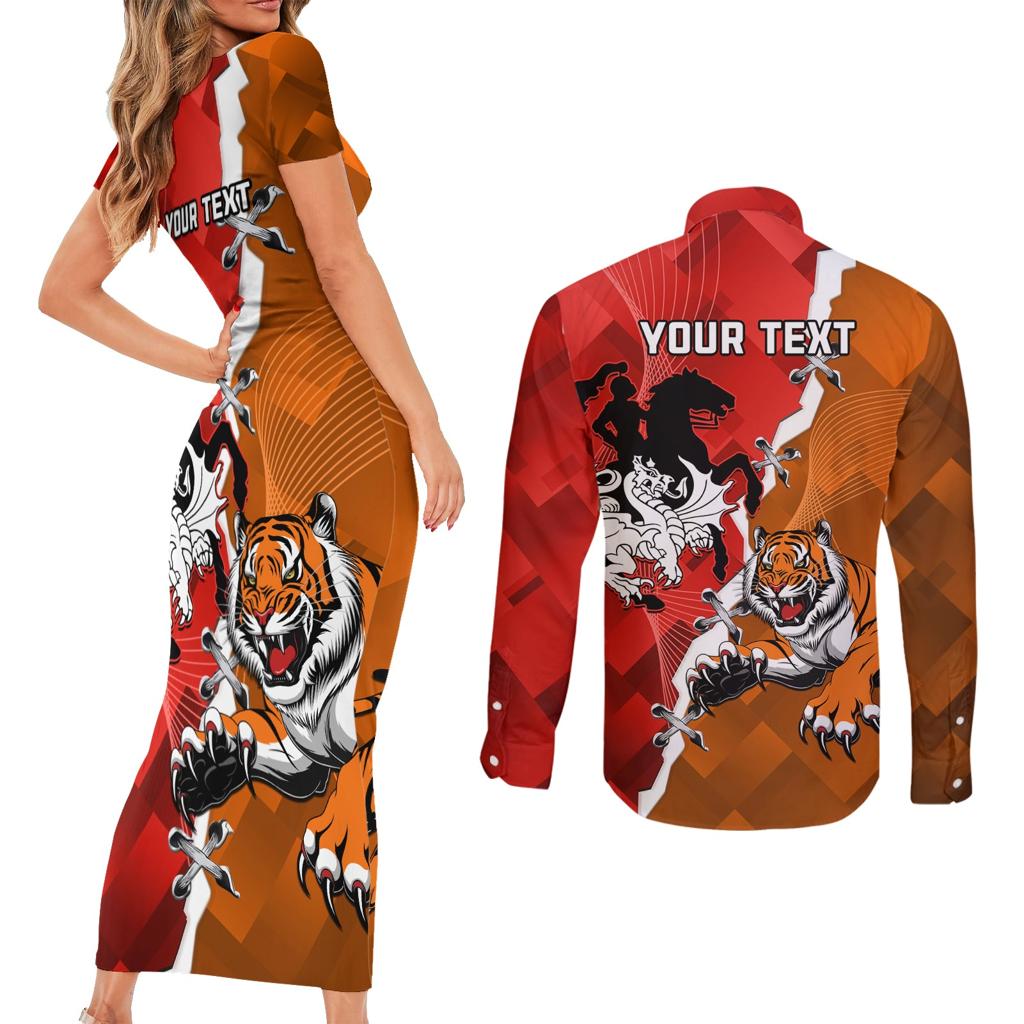 Personalised Dragons And Tigers Rugby Couples Matching Short Sleeve Bodycon Dress and Long Sleeve Button Shirt Sporty Style