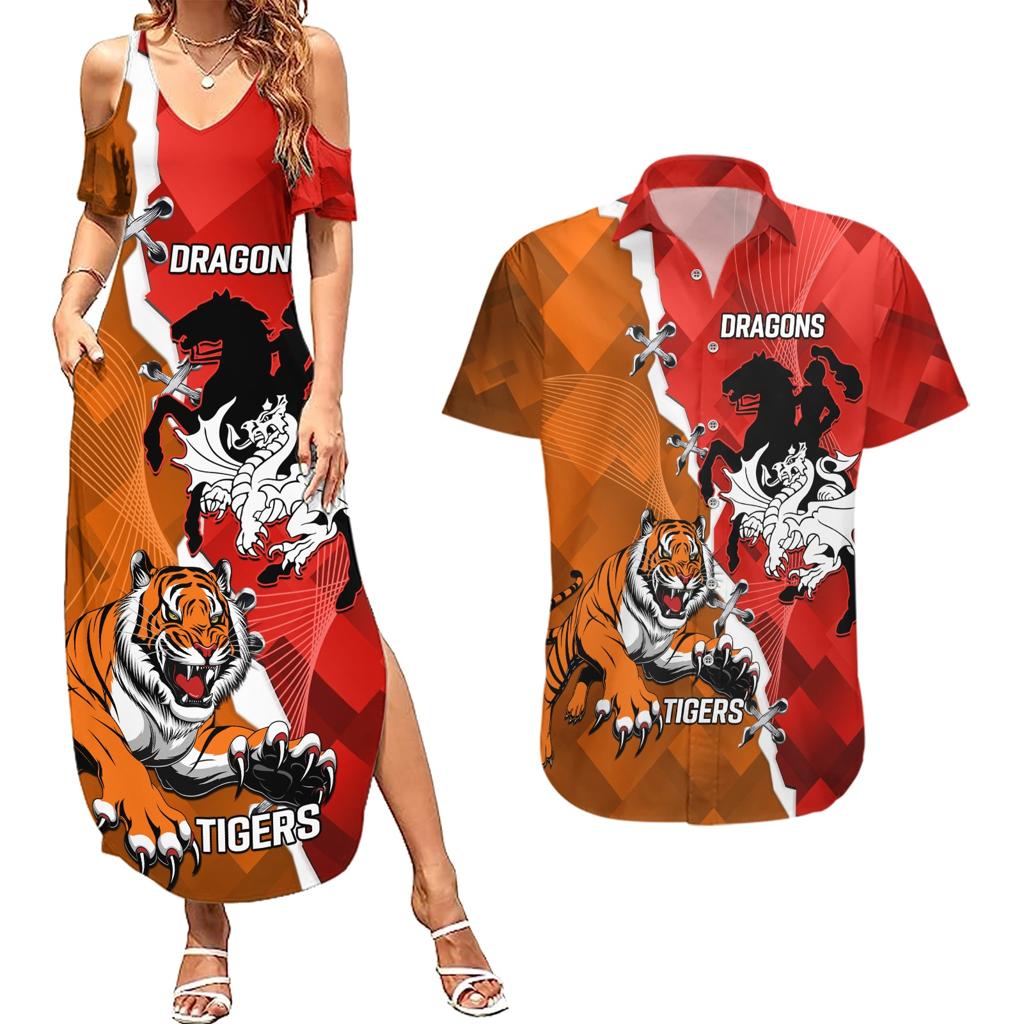 Personalised Dragons And Tigers Rugby Couples Matching Summer Maxi Dress and Hawaiian Shirt Sporty Style
